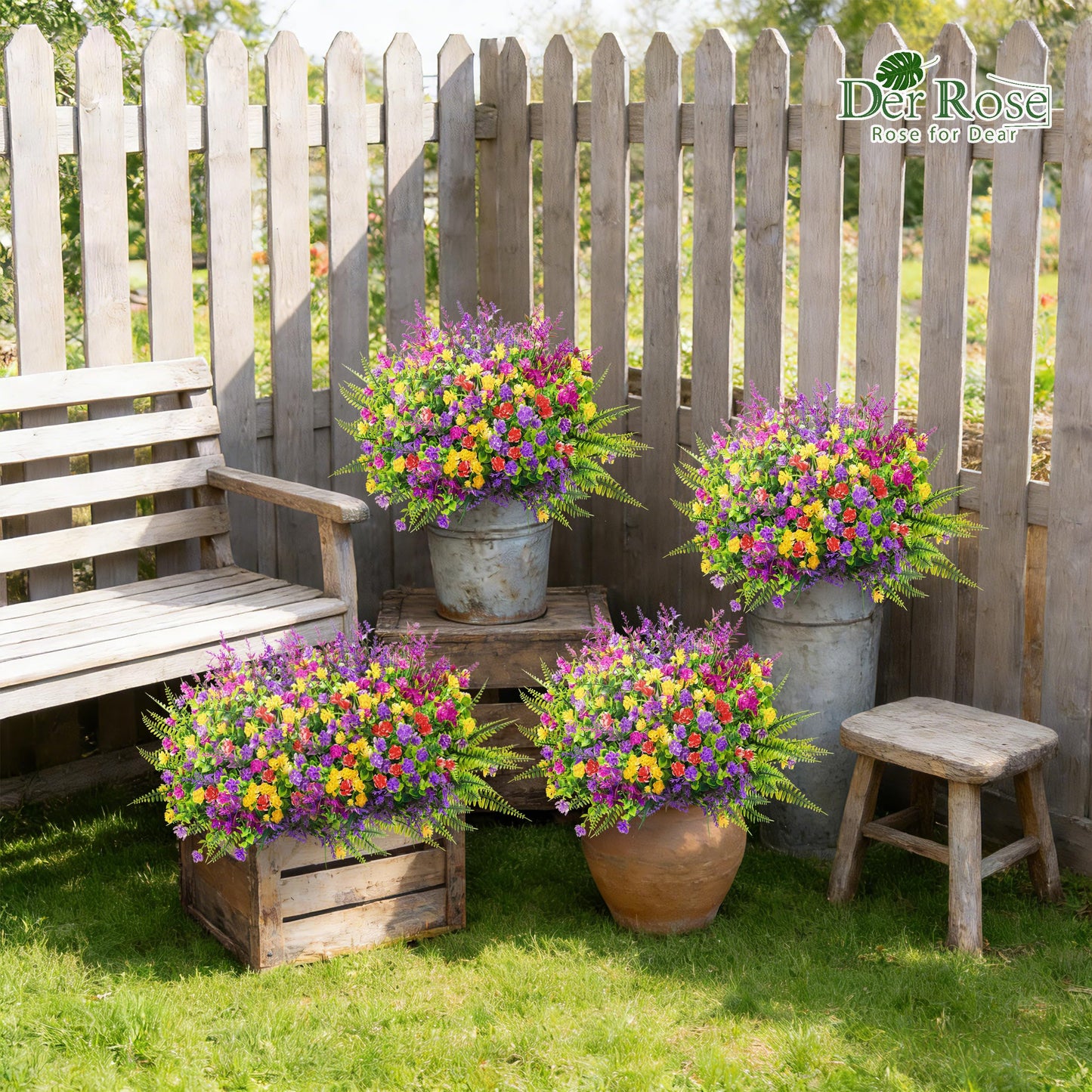 Der Rose 24 Bundles UV Resistant Fake Flowers Spring Artificial Flowers for Outdoors for Garden Patio Porch Farmhouse Home Window Box Decor（Colourful）