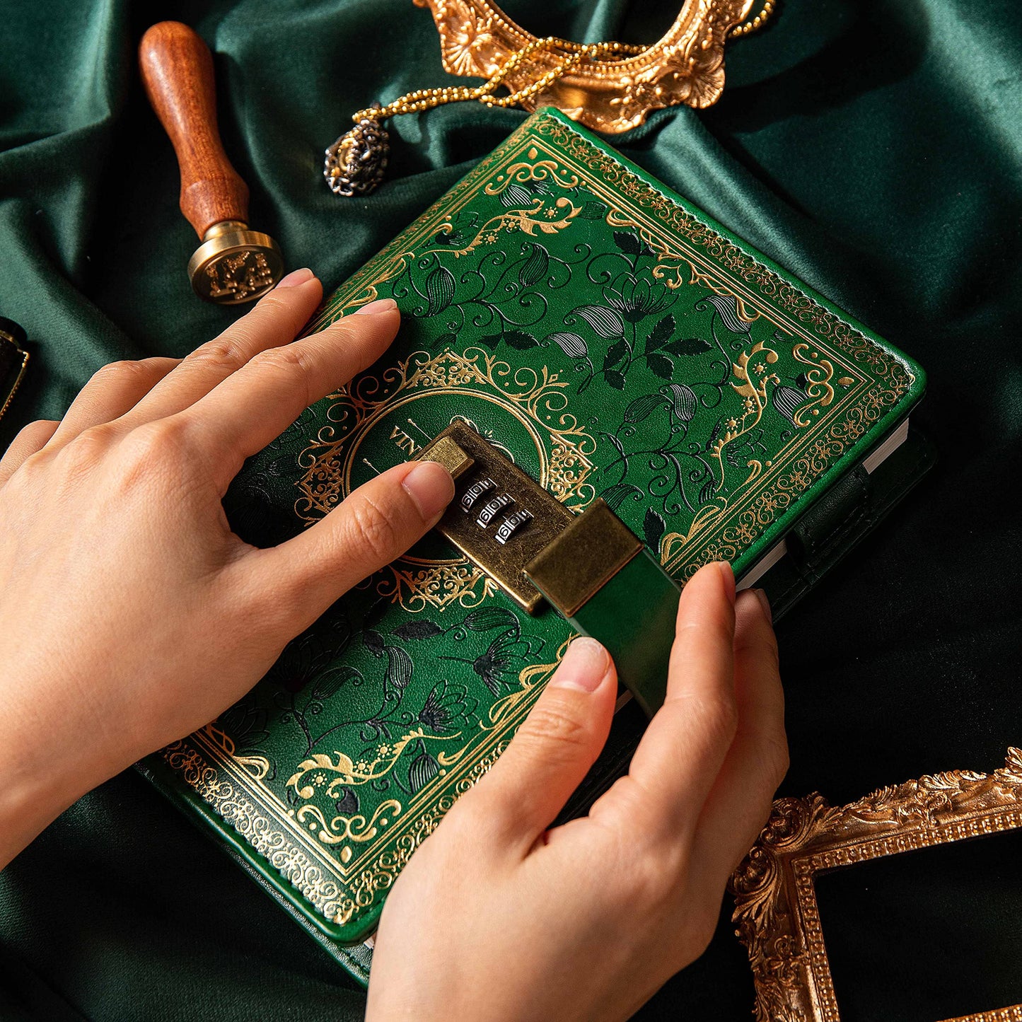Vintage Leather Journal Notebook with Combination Lock, B6 Embossed Flower Secret Diary Ruled Lined Paper for Writing, Gift for Women Girls Children (Green)