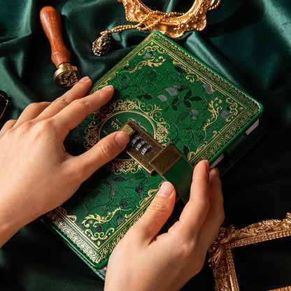 Vintage Leather Journal Notebook with Combination Lock, B6 Embossed Flower Secret Diary Ruled Lined Paper for Writing, Gift for Women Girls Children (Green)