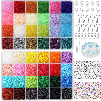 KERGAEN 48000pcs 2mm Seed Beads & Alphabet Beads Kit - 12/0 Ultra-Fine Jewelry Making Supplies with Elastic String, Earring Hooks, Clasps - Complete DIY Craft Set for Bracelets, Necklaces