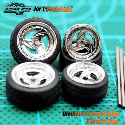 Kicarmod 1/64 Model Car ABS Wheels with Rubber Tire Metal Rims Front Small Rear Large Refitting Parts For Model Car Hot Wheels