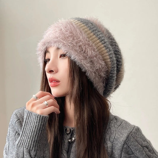 Autumn and Winter Lazy Wind Piled Up Hats  Plush Earmuffs Hats  Women's Wild Cold Hats Small Confinement Hats  Face-saving
