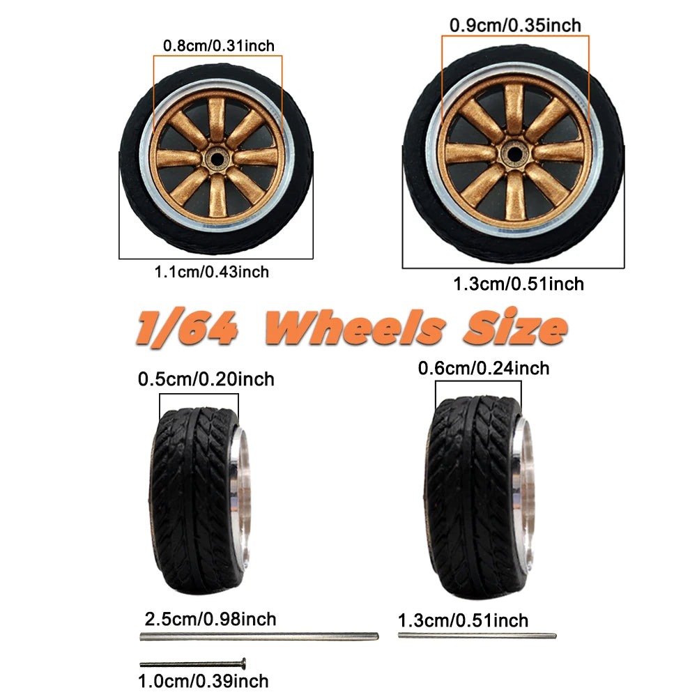 Kicarmod 1/64 Model Car ABS Wheels with Rubber Tire Metal Rims Front Small Rear Large Refitting Parts For Model Car Hot Wheels