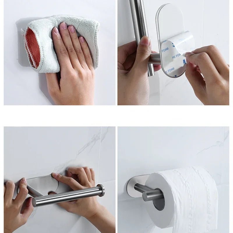Adhesive Toilet Roll Paper Towel Holder Organizer Punch-free Wall Mount Storage Kitchen Bathroom No Drill Tissue Dispenser