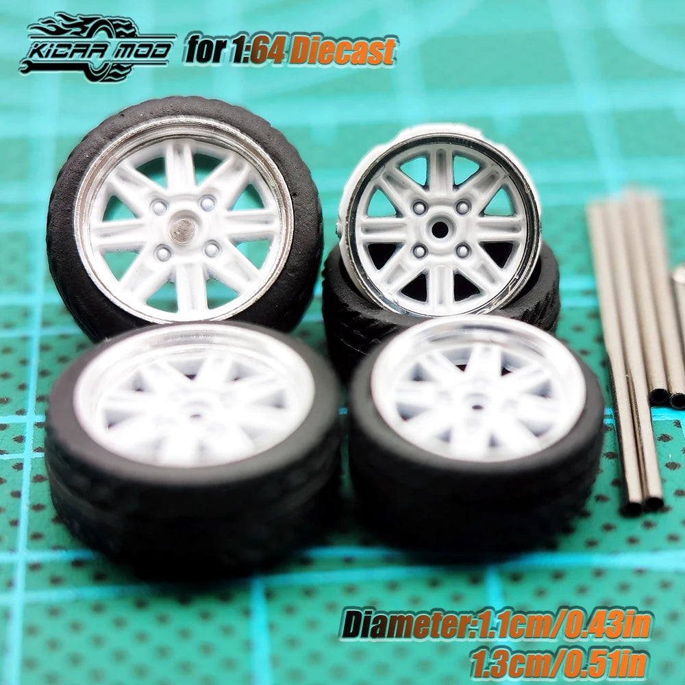 Kicarmod 1/64 Model Car ABS Wheels with Rubber Tire Metal Rims Front Small Rear Large Refitting Parts For Model Car Hot Wheels