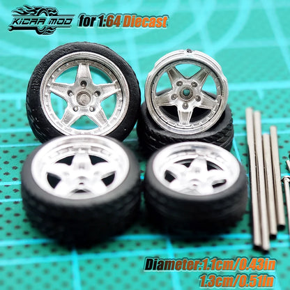 Kicarmod 1/64 Model Car ABS Wheels with Rubber Tire Metal Rims Front Small Rear Large Refitting Parts For Model Car Hot Wheels