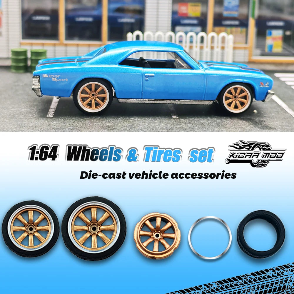 Kicarmod 1/64 Model Car ABS Wheels with Rubber Tire Metal Rims Front Small Rear Large Refitting Parts For Model Car Hot Wheels