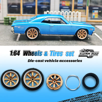 Kicarmod 1/64 Model Car ABS Wheels with Rubber Tire Metal Rims Front Small Rear Large Refitting Parts For Model Car Hot Wheels