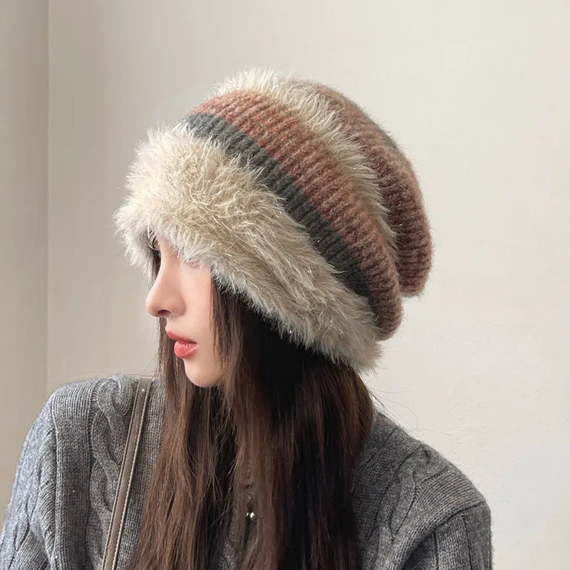 Autumn and Winter Lazy Wind Piled Up Hats  Plush Earmuffs Hats  Women's Wild Cold Hats Small Confinement Hats  Face-saving