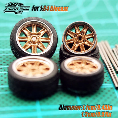 Kicarmod 1/64 Model Car ABS Wheels with Rubber Tire Metal Rims Front Small Rear Large Refitting Parts For Model Car Hot Wheels