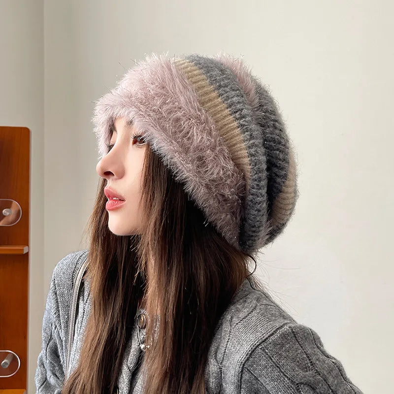 Autumn and Winter Lazy Wind Piled Up Hats  Plush Earmuffs Hats  Women's Wild Cold Hats Small Confinement Hats  Face-saving