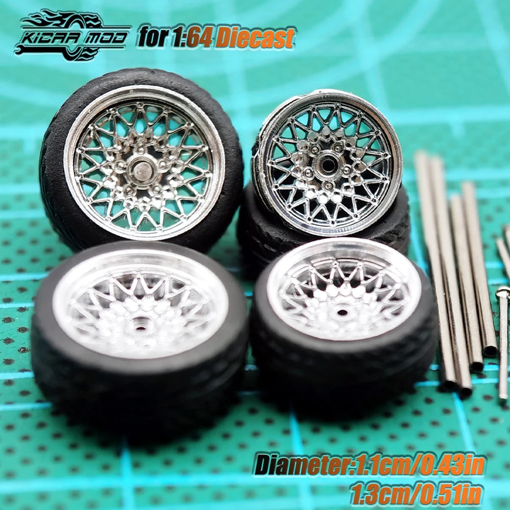 Kicarmod 1/64 Model Car ABS Wheels with Rubber Tire Metal Rims Front Small Rear Large Refitting Parts For Model Car Hot Wheels