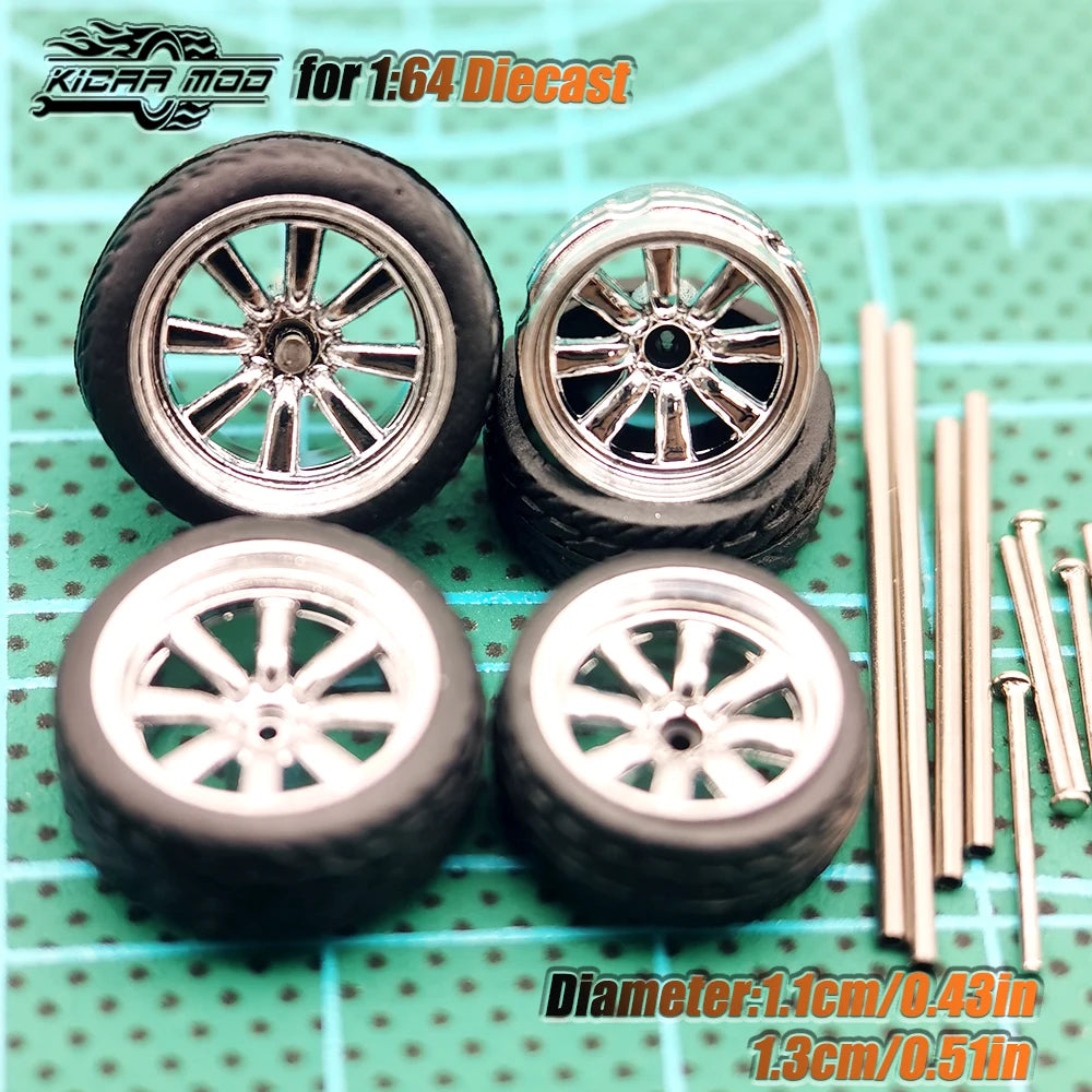 Kicarmod 1/64 Model Car ABS Wheels with Rubber Tire Metal Rims Front Small Rear Large Refitting Parts For Model Car Hot Wheels