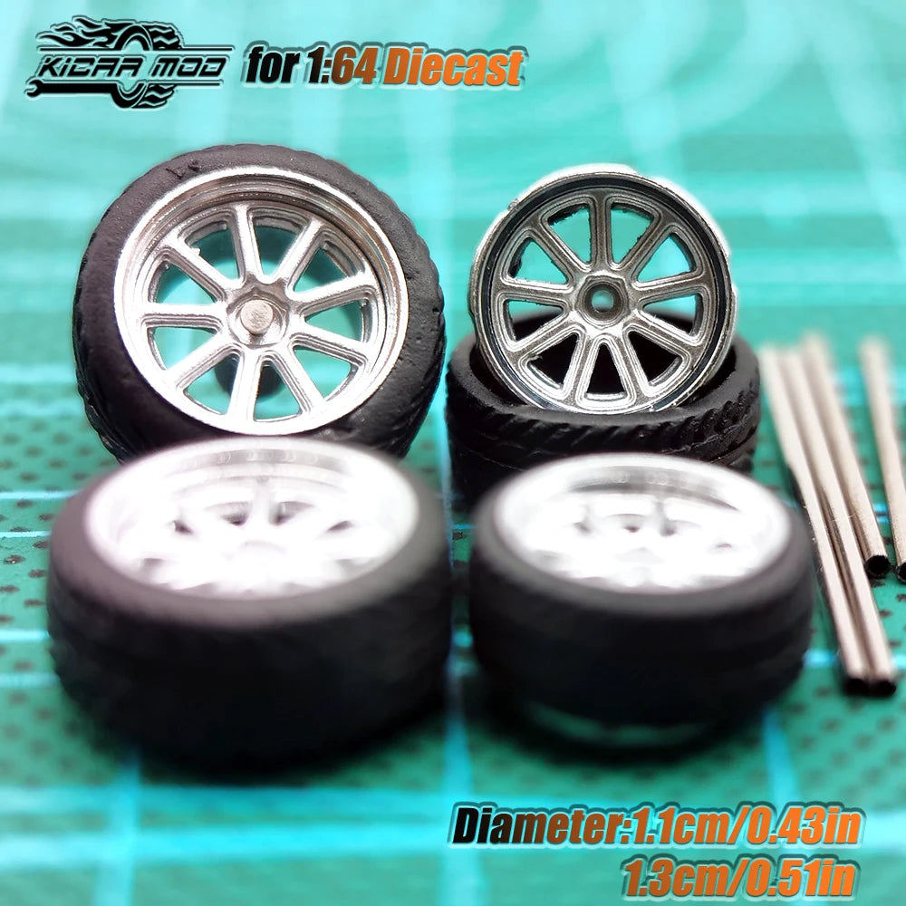 Kicarmod 1/64 Model Car ABS Wheels with Rubber Tire Metal Rims Front Small Rear Large Refitting Parts For Model Car Hot Wheels