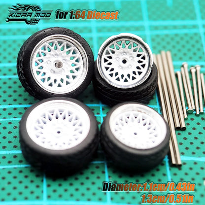 Kicarmod 1/64 Model Car ABS Wheels with Rubber Tire Metal Rims Front Small Rear Large Refitting Parts For Model Car Hot Wheels