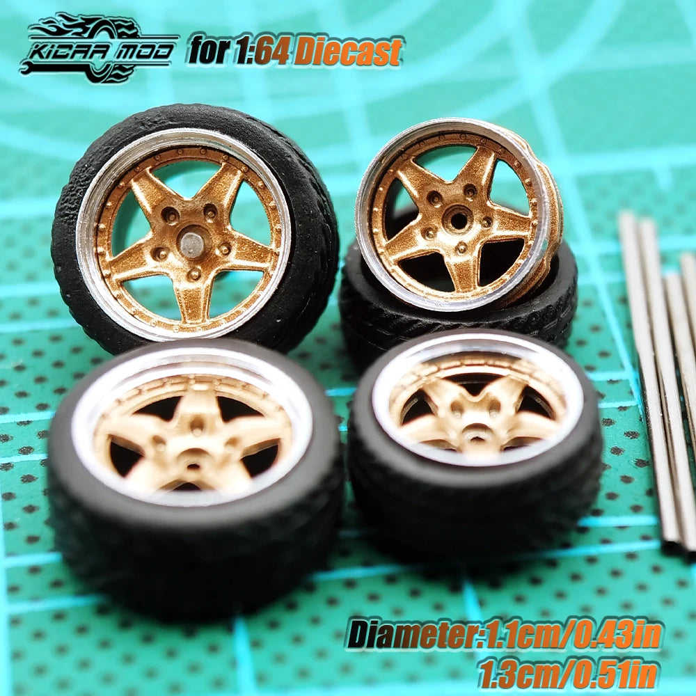 Kicarmod 1/64 Model Car ABS Wheels with Rubber Tire Metal Rims Front Small Rear Large Refitting Parts For Model Car Hot Wheels