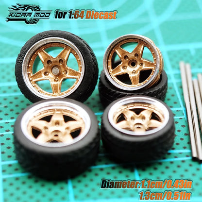Kicarmod 1/64 Model Car ABS Wheels with Rubber Tire Metal Rims Front Small Rear Large Refitting Parts For Model Car Hot Wheels
