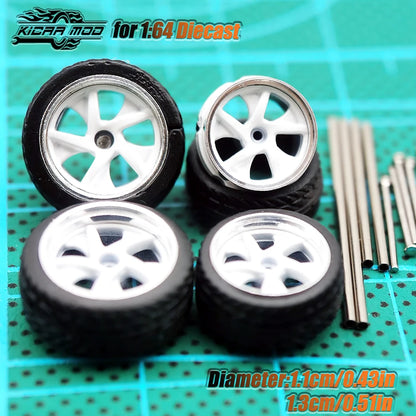 Kicarmod 1/64 Model Car ABS Wheels with Rubber Tire Metal Rims Front Small Rear Large Refitting Parts For Model Car Hot Wheels