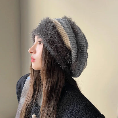 Autumn and Winter Lazy Wind Piled Up Hats  Plush Earmuffs Hats  Women's Wild Cold Hats Small Confinement Hats  Face-saving
