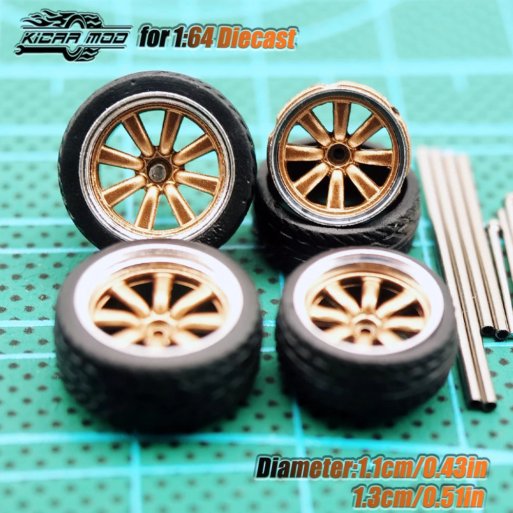 Kicarmod 1/64 Model Car ABS Wheels with Rubber Tire Metal Rims Front Small Rear Large Refitting Parts For Model Car Hot Wheels