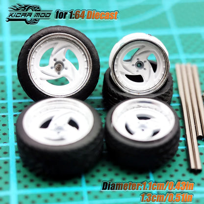 Kicarmod 1/64 Model Car ABS Wheels with Rubber Tire Metal Rims Front Small Rear Large Refitting Parts For Model Car Hot Wheels