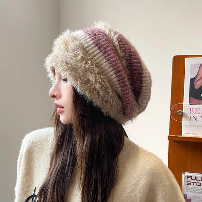 Autumn and Winter Lazy Wind Piled Up Hats  Plush Earmuffs Hats  Women's Wild Cold Hats Small Confinement Hats  Face-saving